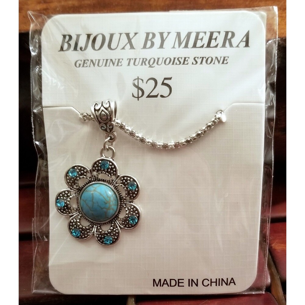 Vintage Bijoux By Meera  Silver Turquoise Flower Pendant 18-23" Silvertone Chain